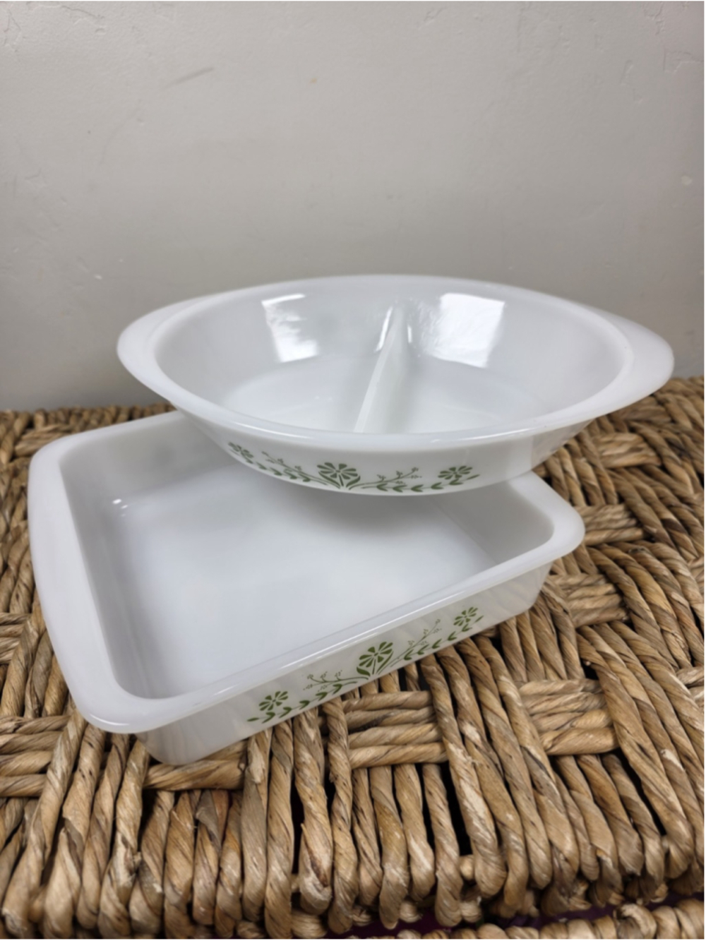 VTG Glasbake Green Daisy Milk Glass Casserole Dishes J2352 Set of 2 Retro MCM
